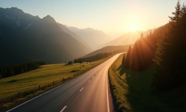 Autobahn in den Alpen bei Sonnenaufgang